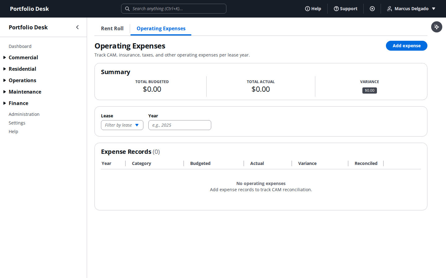 Operating expense tracking screen