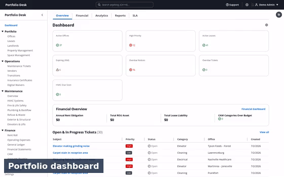 Portfolio Desk product walkthrough: dashboard, AI lease abstracts, maintenance tickets, analytics and digital waivers